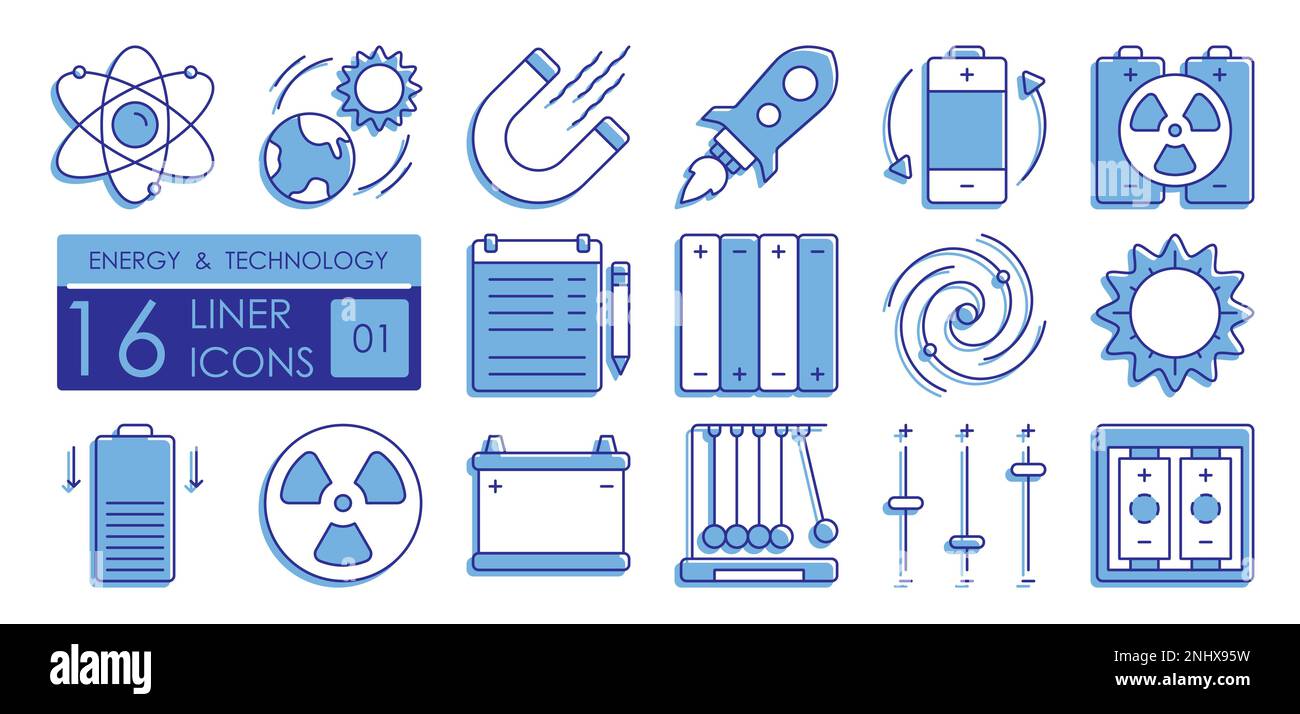 Ensemble d'icônes linéaires colorées. Technologies de production et d'utilisation de l'énergie dans l'industrie et la science. Atom, aimant, soleil, accumulateur, batterie, regu Illustration de Vecteur