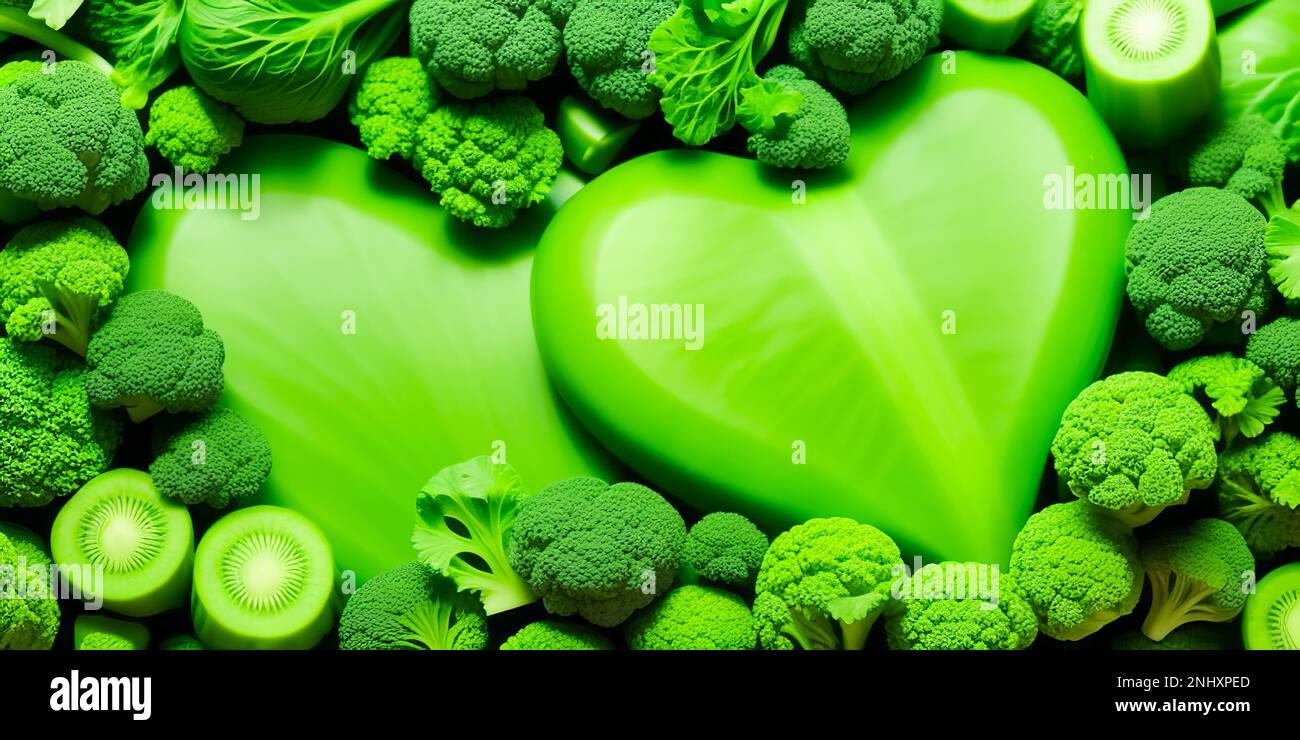 Forme de coeur vert par les légumes. Légumes verts et arrière-plan de la nourriture feuillue comme concept de saine alimentation de produits frais de jardin cultivés de façon organique comme sym Banque D'Images