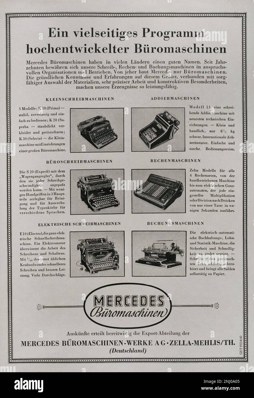 Publicité pour les machines de bureau Mercedes (Mercedes Bureau-Maschinen GmbH) sur l'une des pages intérieures du magazine 'Sigal', numéro 9 (10 août 1940) de l'édition germano-italienne. Ce magazine a été publié entre avril 1940 et avril 1945 et a été le principal organe de propagande de l'armée allemande pendant la Seconde Guerre mondiale. Banque D'Images