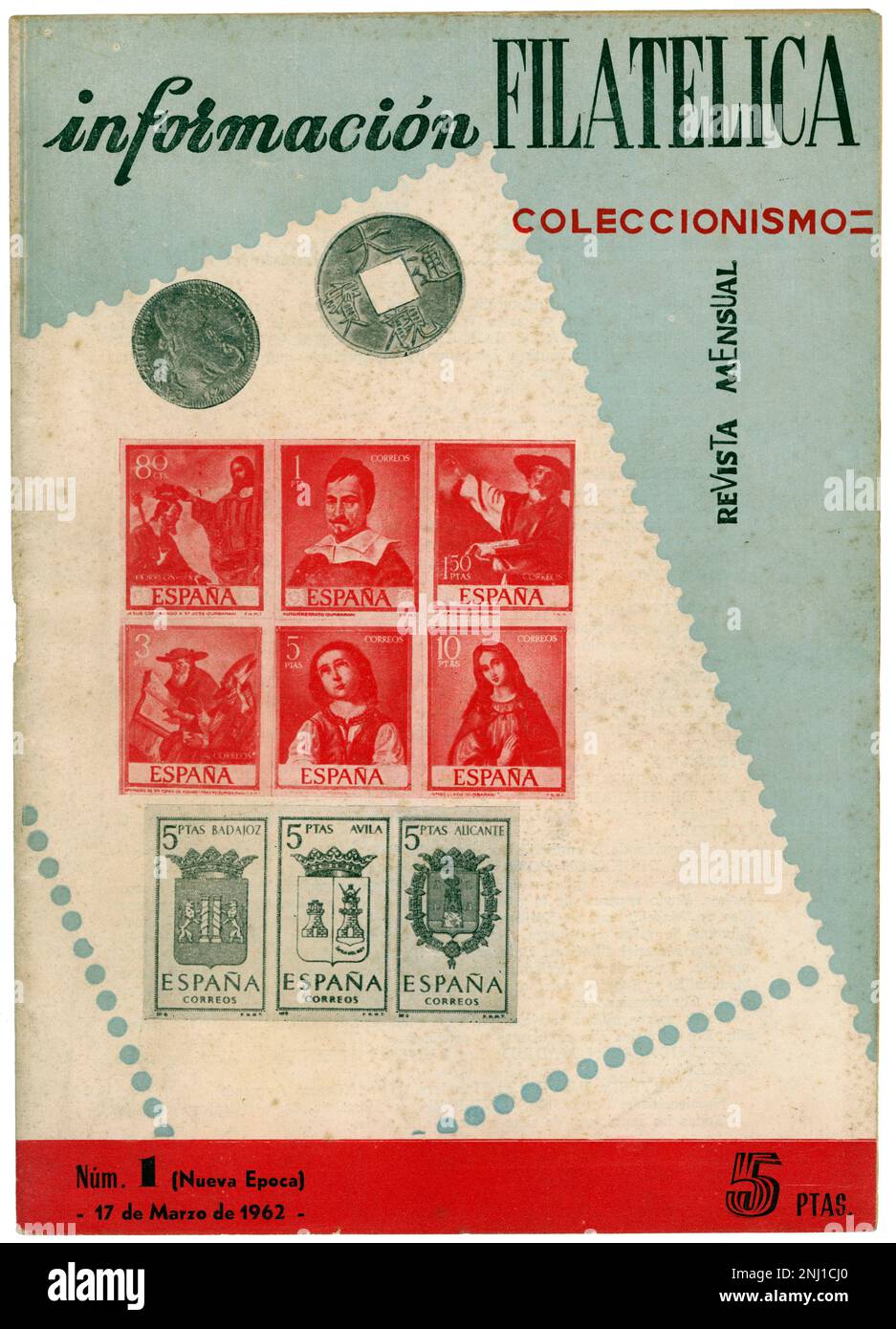 Espagne. Portada de la revista de coleccionismo Información Filatélica. Editada en Barcelona, número uno, segunda época. Marzo de 1962,. Banque D'Images
