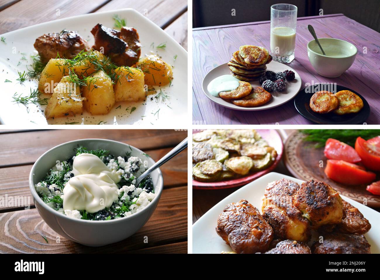 Viande cuite au four avec potatoe, crêpes, fromage cottage à la crème aigre de l'aneth, courge et boulettes de viande frites - cuisine ukrainienne traditionnelle Banque D'Images