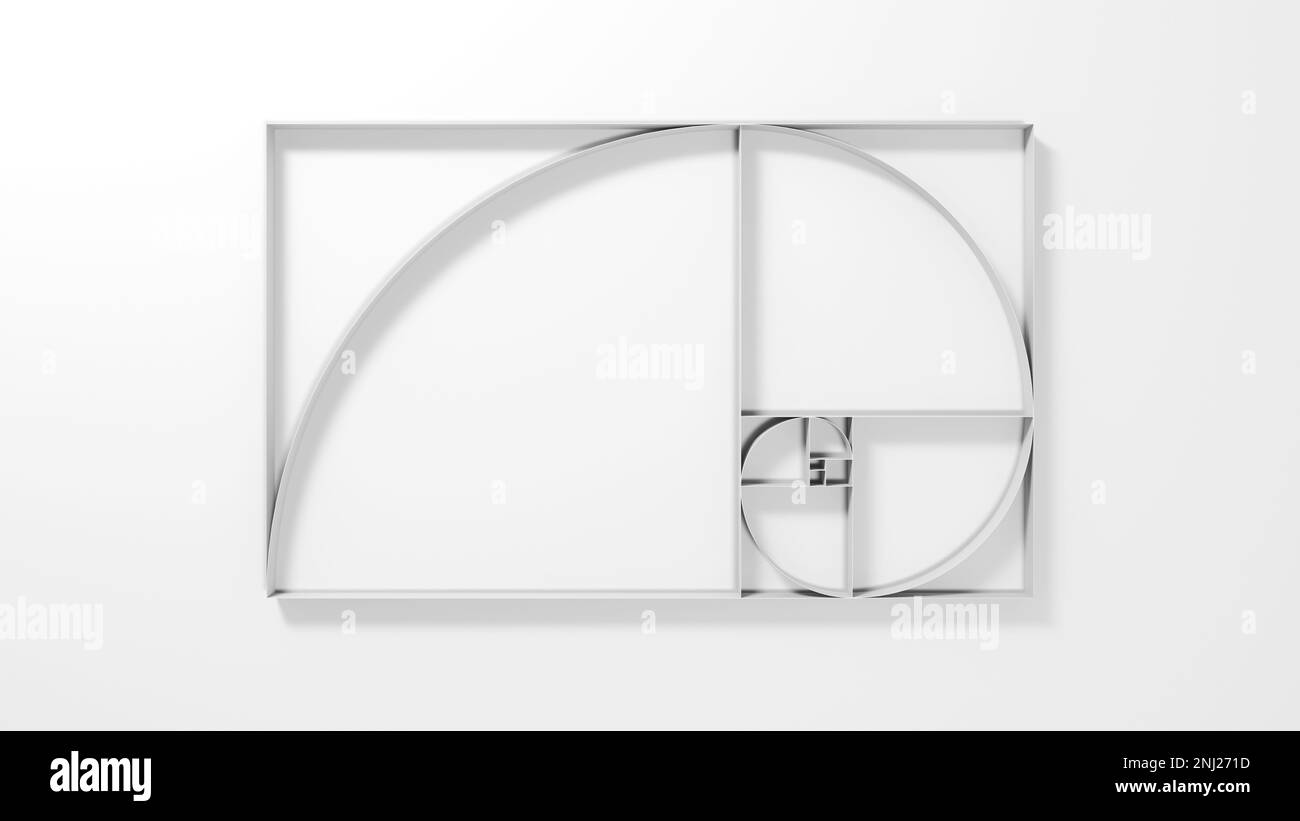 Installation géométrique blanche, schéma de ratio doré sur le mur avec éclairage doux, illustration de rendu 3D Banque D'Images