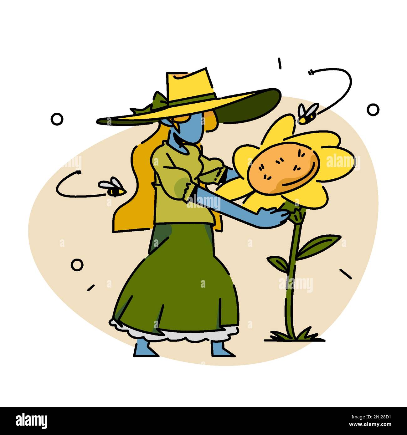 Une femme qui se présente pour une illustration de tournesol. Illustration de Vecteur