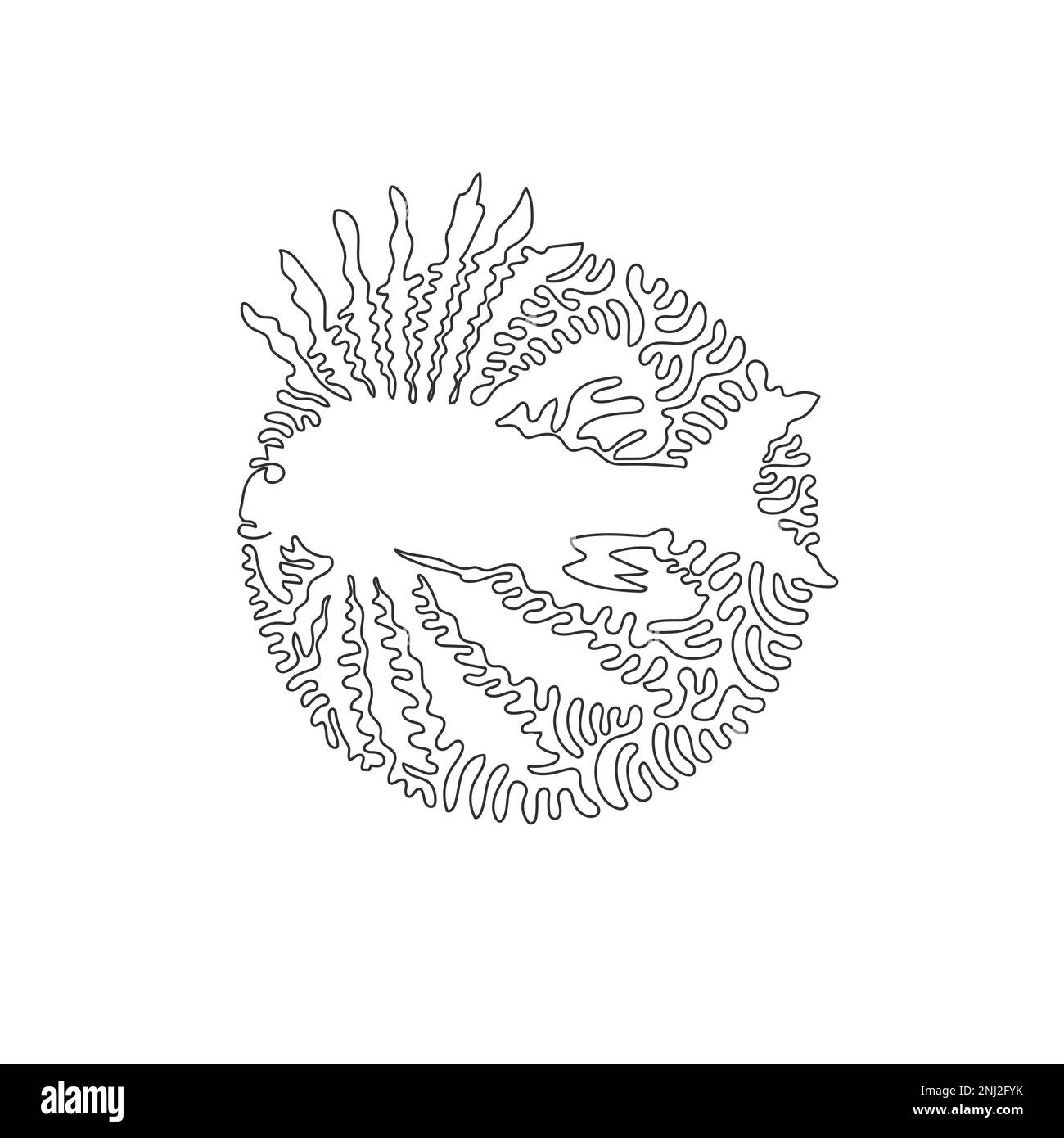 Courbe continue un dessin de ligne de l'art abstrait dangereux de lionfish en cercle Illustration de Vecteur