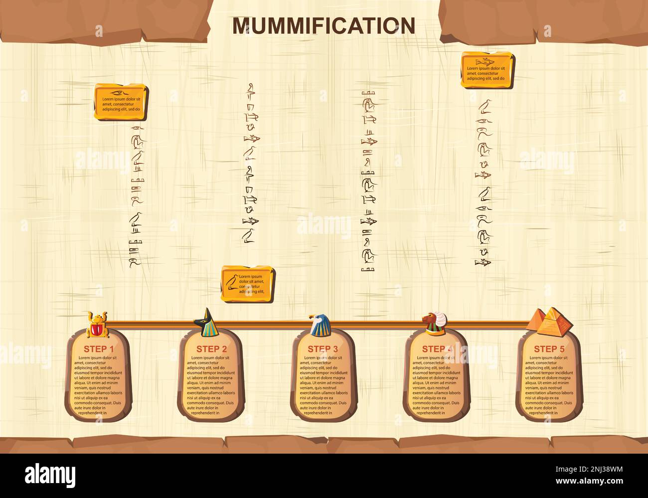 Cadre de papyrus d'Égypte ancienne ou bordure avec infographies de ligne de temps, vecteur de bande dessinée. Symbole de culture égyptienne, papier ancien vierge déplié pour stocker des informations, interface graphique utilisateur pour la conception de jeux Illustration de Vecteur