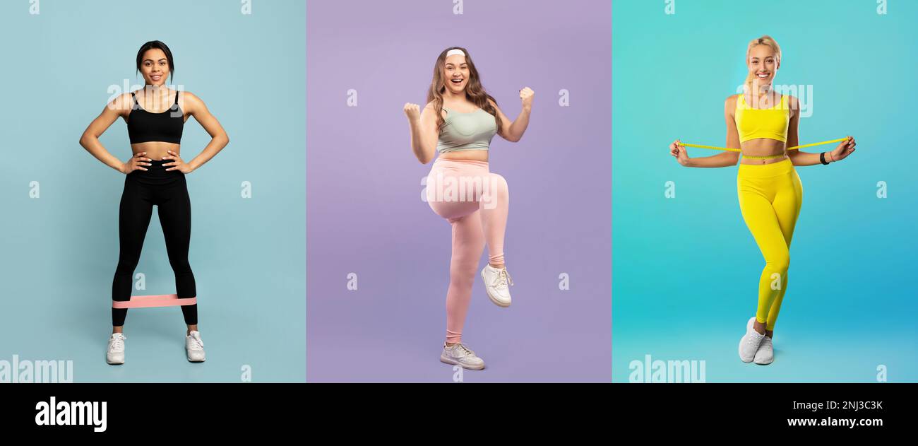 Collage avec Sporty multiethnique femmes s'exerçant sur des terrains de studio colorés Banque D'Images