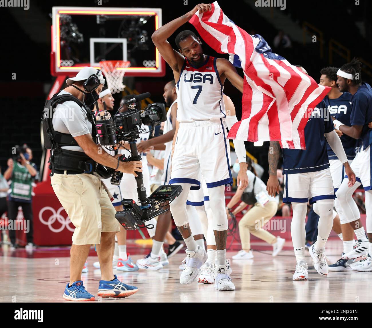 7 AOÛT 2021 : Kevin durant célèbre la victoire de Team USA à la médaille d'or du basket-ball masculin aux Jeux Olympiques de Tokyo 2020 (photo de Mickael Chavet/RX) Banque D'Images