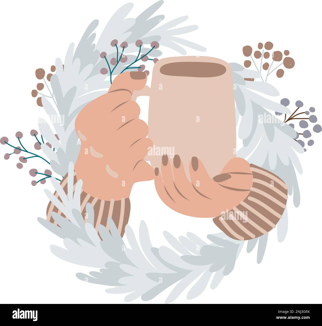 Femmes mains avec tasse à café décorée avec couronne de noël. Illustration de Vecteur
