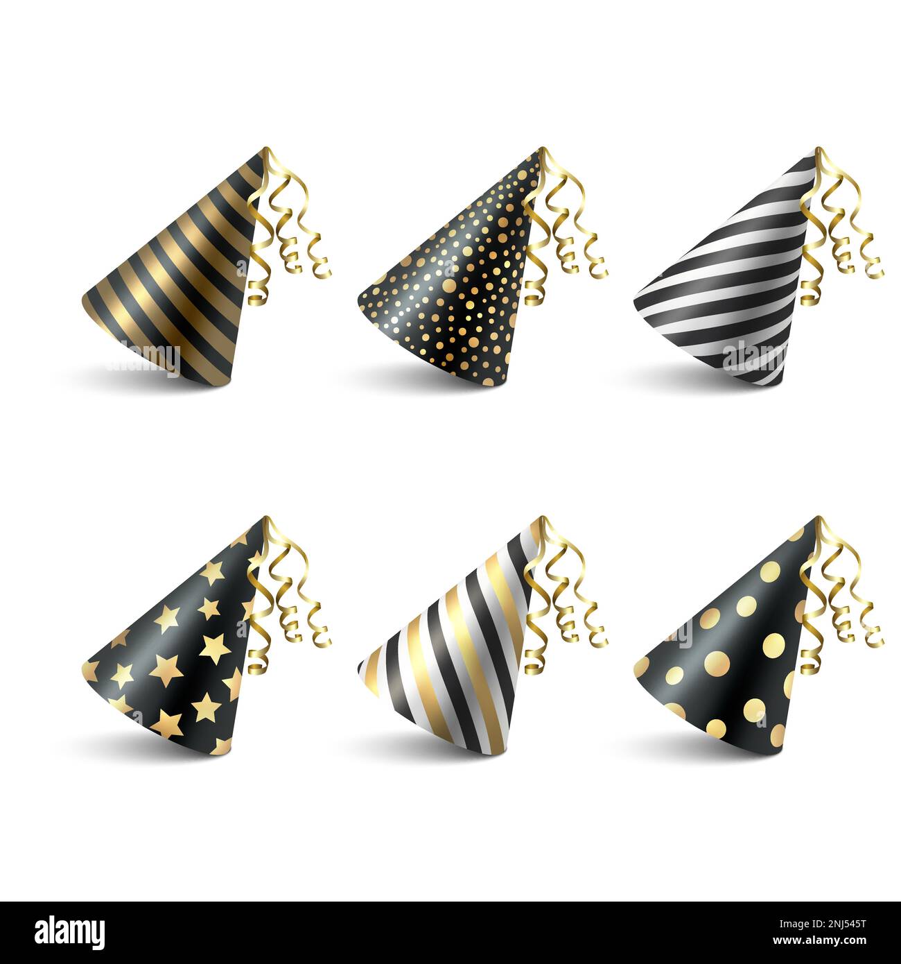 Ensemble d'icônes de chapeau d'anniversaire Vector 3D Realistic Black and Golden, isolé sur fond blanc. Modèle de création de plafond de fête pour la bannière de fête, le message d'accueil Illustration de Vecteur