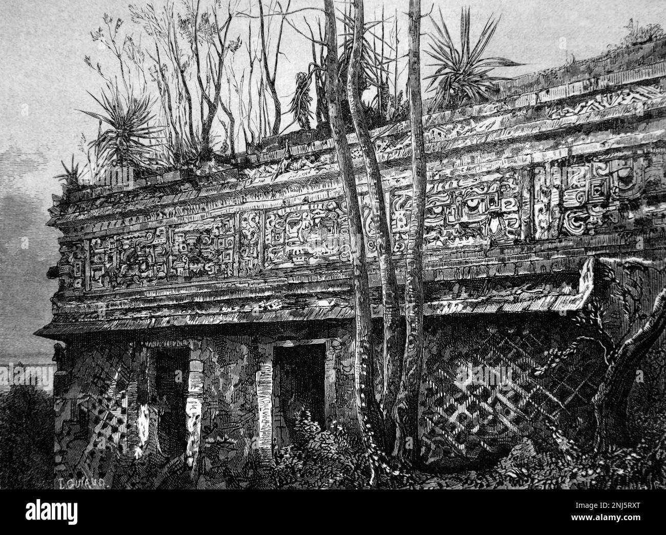 Façade nord du complexe Las Monjas, un palais de Goverment alias Nunnery Palace, à Chichen Itza, ville maya pré-colombienne Yucatan Mexique. Gravure ancienne ou illustration 1862 1862 Banque D'Images