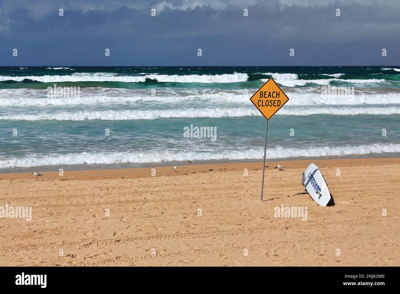 503 Manly Beach fermé en raison des mauvaises conditions de la mer - panneau jaune et planche de sauvetage blanche. Sydney-Australie. Banque D'Images
