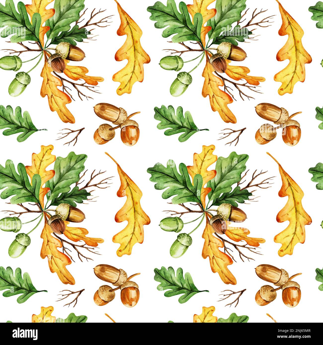 dessin à la main sans couture aquarelle avec feuilles de chêne et glands sur fond noir, jaune et orange, feuille d'automne. Idéal pour le tissu, l'emballage Banque D'Images