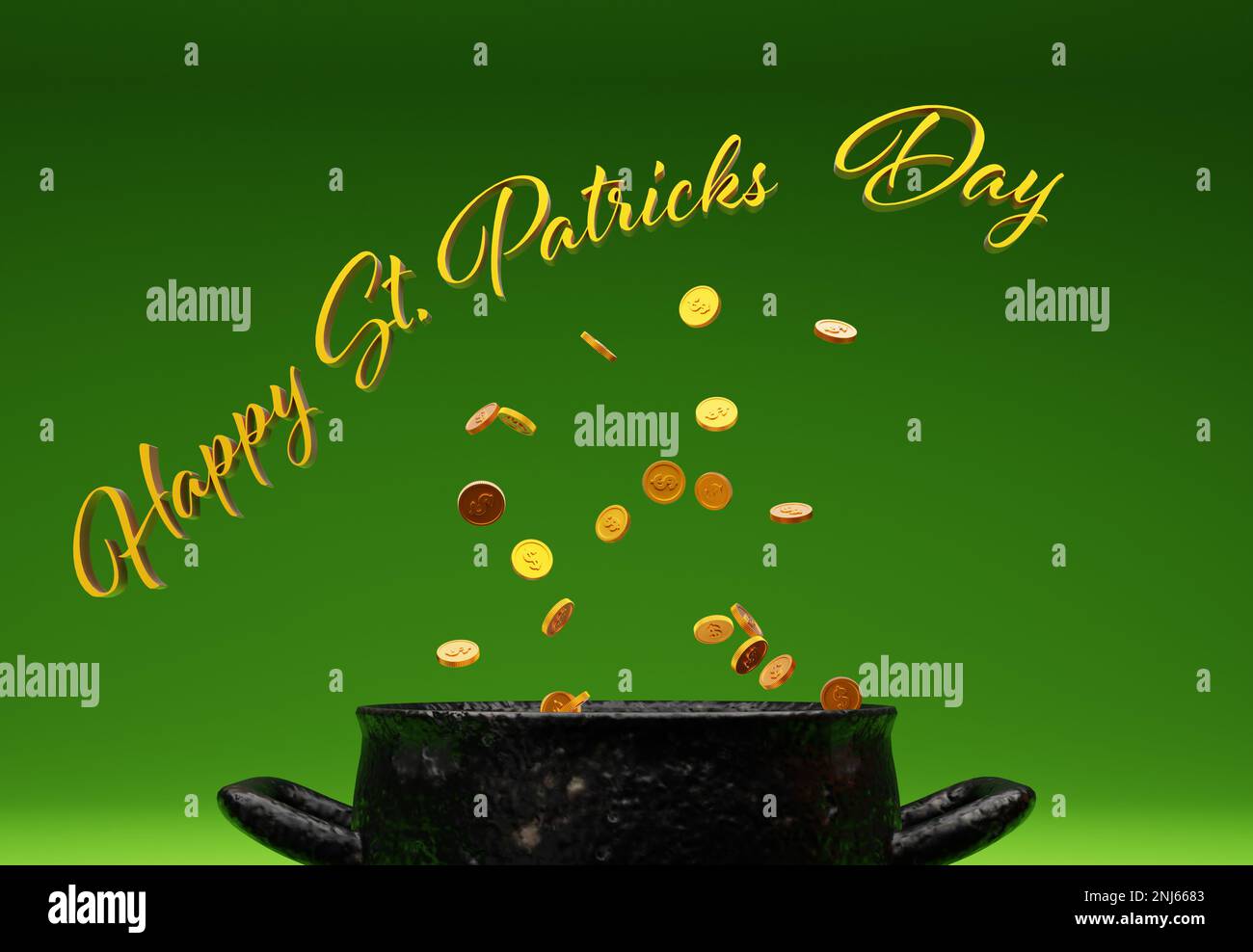 Pot d'or avec le texte Happy St. Patrick sur fond vert Banque D'Images