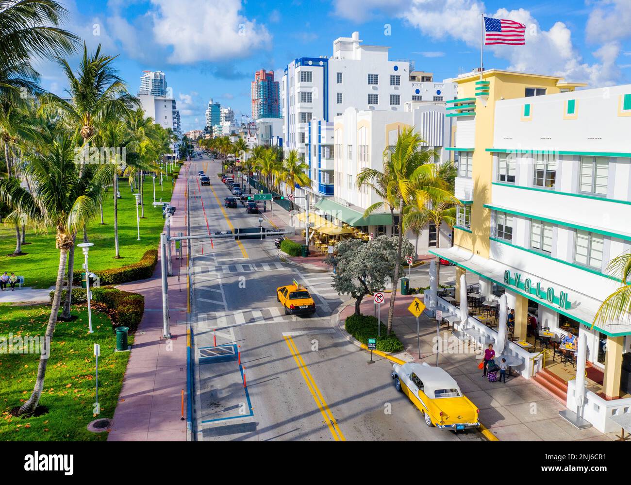 Vue aérienne de South Beach, tôt le matin Ocean Drive, Miami Beach, Miami, Floride États-Unis, États-Unis Banque D'Images Vue aérienne de South Beach, tôt le matin Ocean Drive, Miami Beach, Miami, Floride États-Unis, États-Unis Banque D'Images