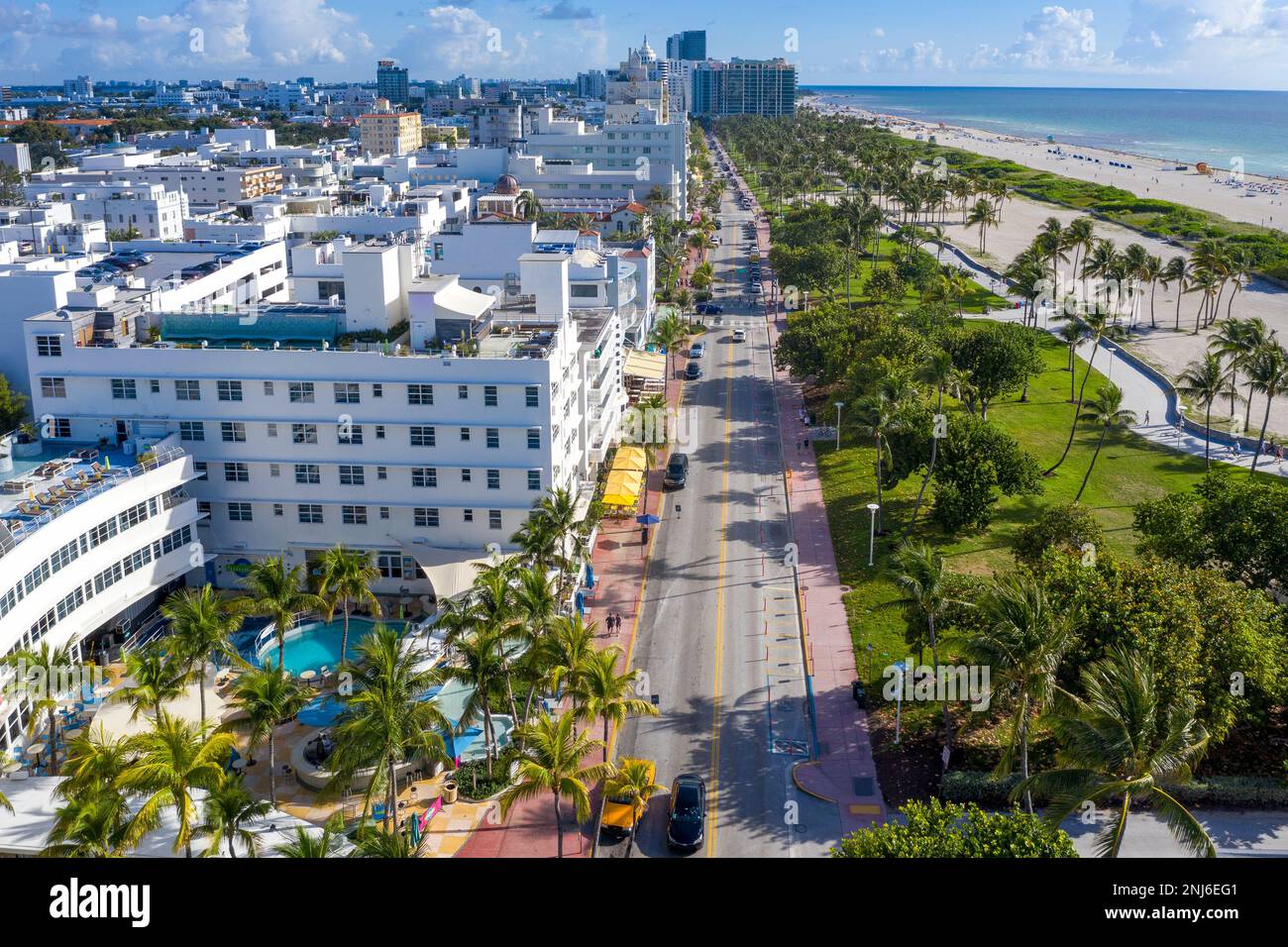 Vue aérienne de South Beach, tôt le matin Ocean Drive, Miami Beach, Miami, Floride États-Unis, États-Unis Banque D'Images Vue aérienne de South Beach, tôt le matin Ocean Drive, Miami Beach, Miami, Floride États-Unis, États-Unis Banque D'Images