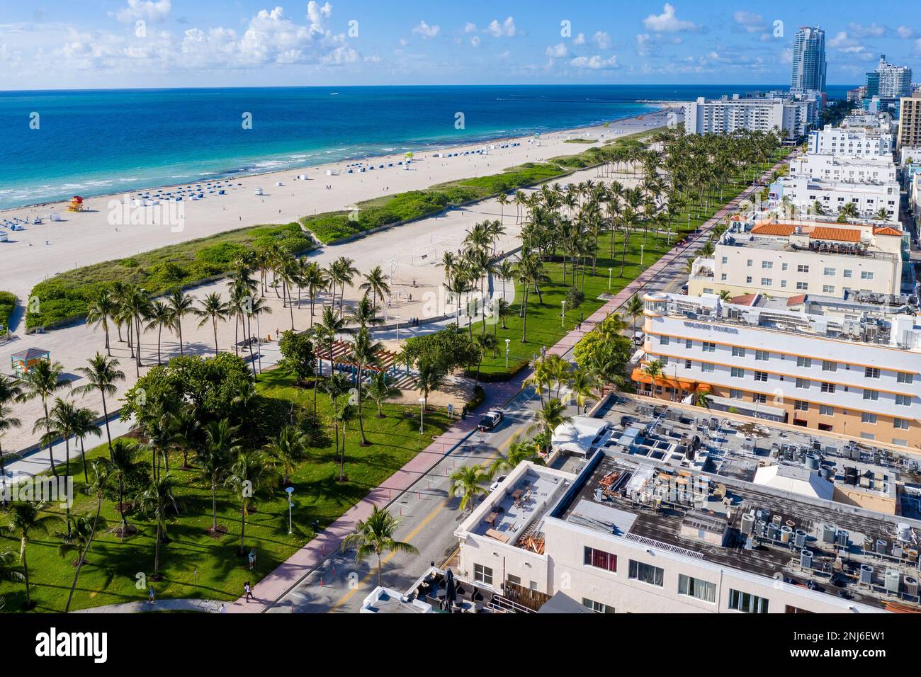 Vue aérienne de South Beach, tôt le matin Ocean Drive, Miami Beach, Miami, Floride États-Unis, États-Unis Banque D'Images Vue aérienne de South Beach, tôt le matin Ocean Drive, Miami Beach, Miami, Floride États-Unis, États-Unis Banque D'Images
