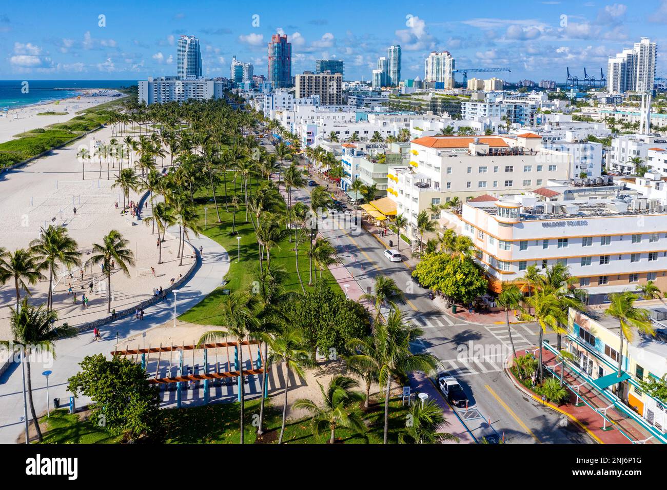 Vue aérienne de South Beach, tôt le matin Ocean Drive, Miami Beach, Miami, Floride États-Unis, États-Unis Banque D'Images Vue aérienne de South Beach, tôt le matin Ocean Drive, Miami Beach, Miami, Floride États-Unis, États-Unis Banque D'Images