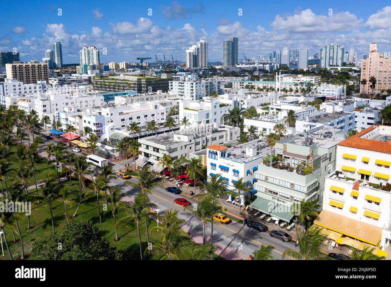 Vue aérienne de South Beach, tôt le matin Ocean Drive, Miami Beach, Miami, Floride États-Unis, États-Unis Banque D'Images Vue aérienne de South Beach, tôt le matin Ocean Drive, Miami Beach, Miami, Floride États-Unis, États-Unis Banque D'Images