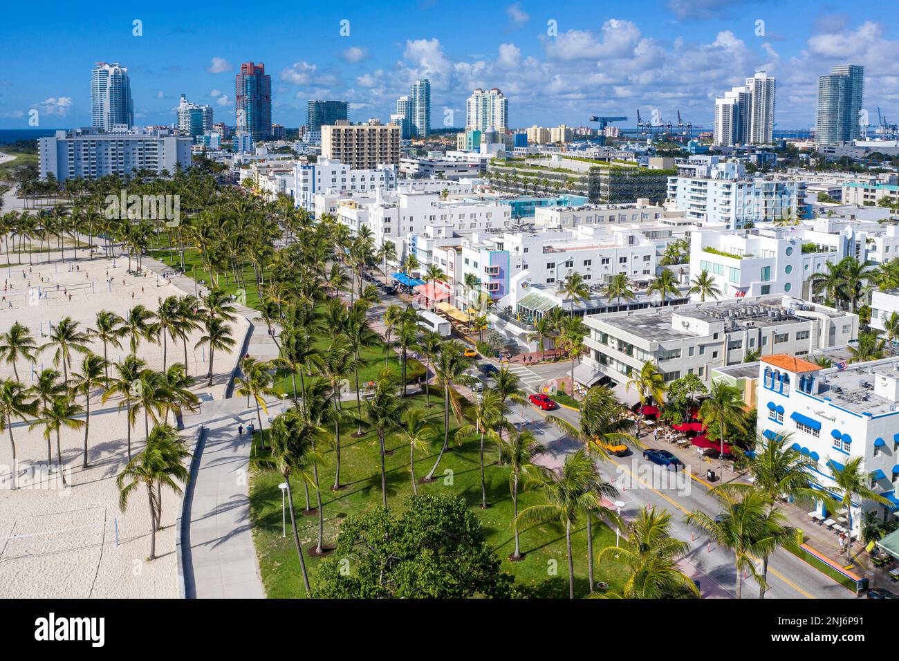 Vue aérienne de South Beach, tôt le matin Ocean Drive, Miami Beach, Miami, Floride États-Unis, États-Unis Banque D'Images Vue aérienne de South Beach, tôt le matin Ocean Drive, Miami Beach, Miami, Floride États-Unis, États-Unis Banque D'Images