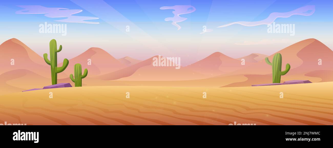 Illustration de style de dessin animé vectoriel. Paysage désertique avec dunes de sable et pierres avec cactus. Illustration de Vecteur