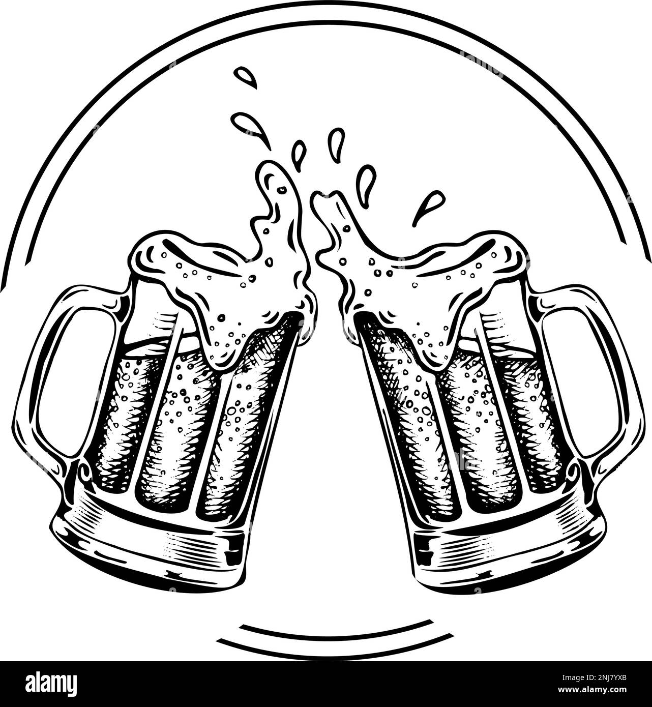 Tasses à bière vectorisées à la main avec éclaboussures de mousse. Illustration de Vecteur