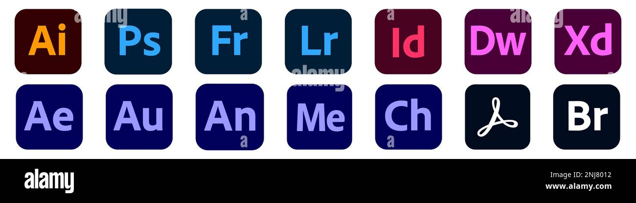 Produit Adobe. Ensemble de logotypes des produits adobe : adobe, Illustrator, photoshop, Creative Cloud, After Effects, lightroom. Illustration de Vecteur