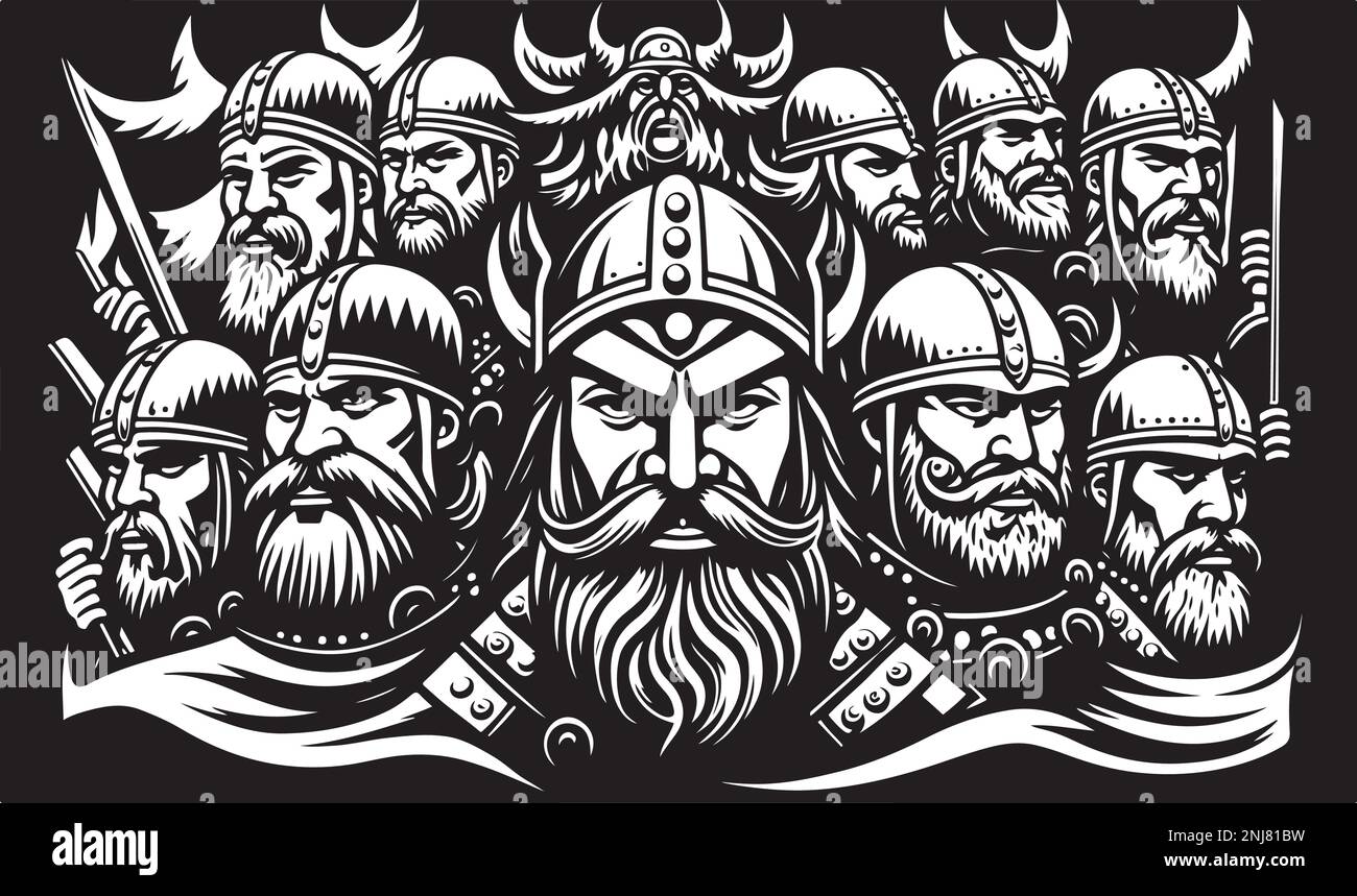 Belle et tendance noir et blanc linocut art d'un viking Illustration de Vecteur