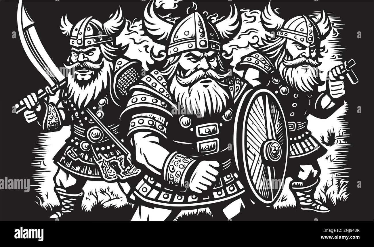 Belle et tendance noir et blanc linocut art d'un viking Illustration de Vecteur