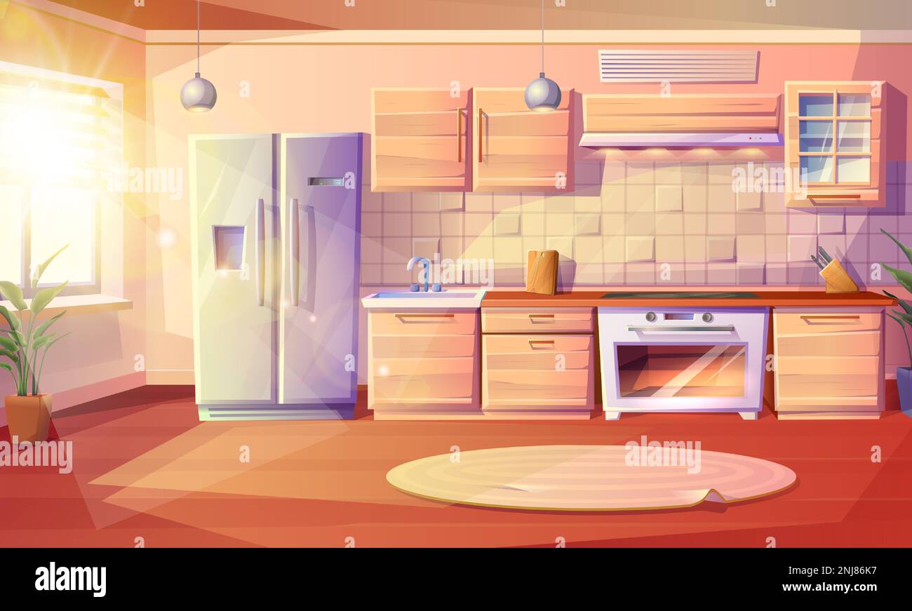 Illustration moderne de style dessin animé de la cuisine avec réfrigérateur, four avec cuisinière et plaque de cuisson, évier, kabinettes et hotte aspirante avec cuisine Illustration de Vecteur