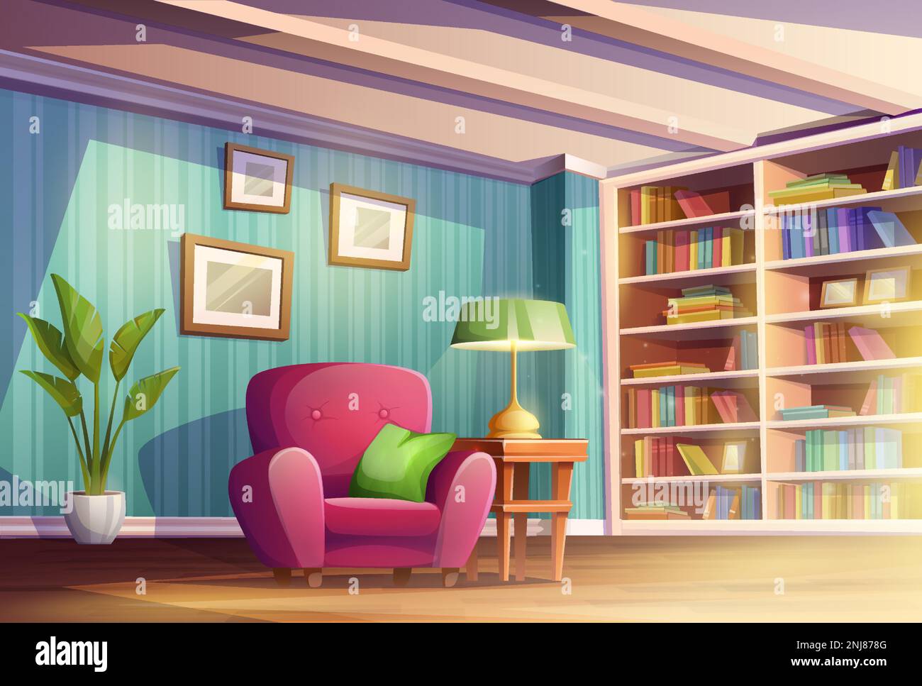 Illustration vectorielle de dessin animé. Confortable maison salon ou armoire avec place pour lire des livres. Bibliothèque avec étagères pour livres, chaise et lampe. Illustration de Vecteur