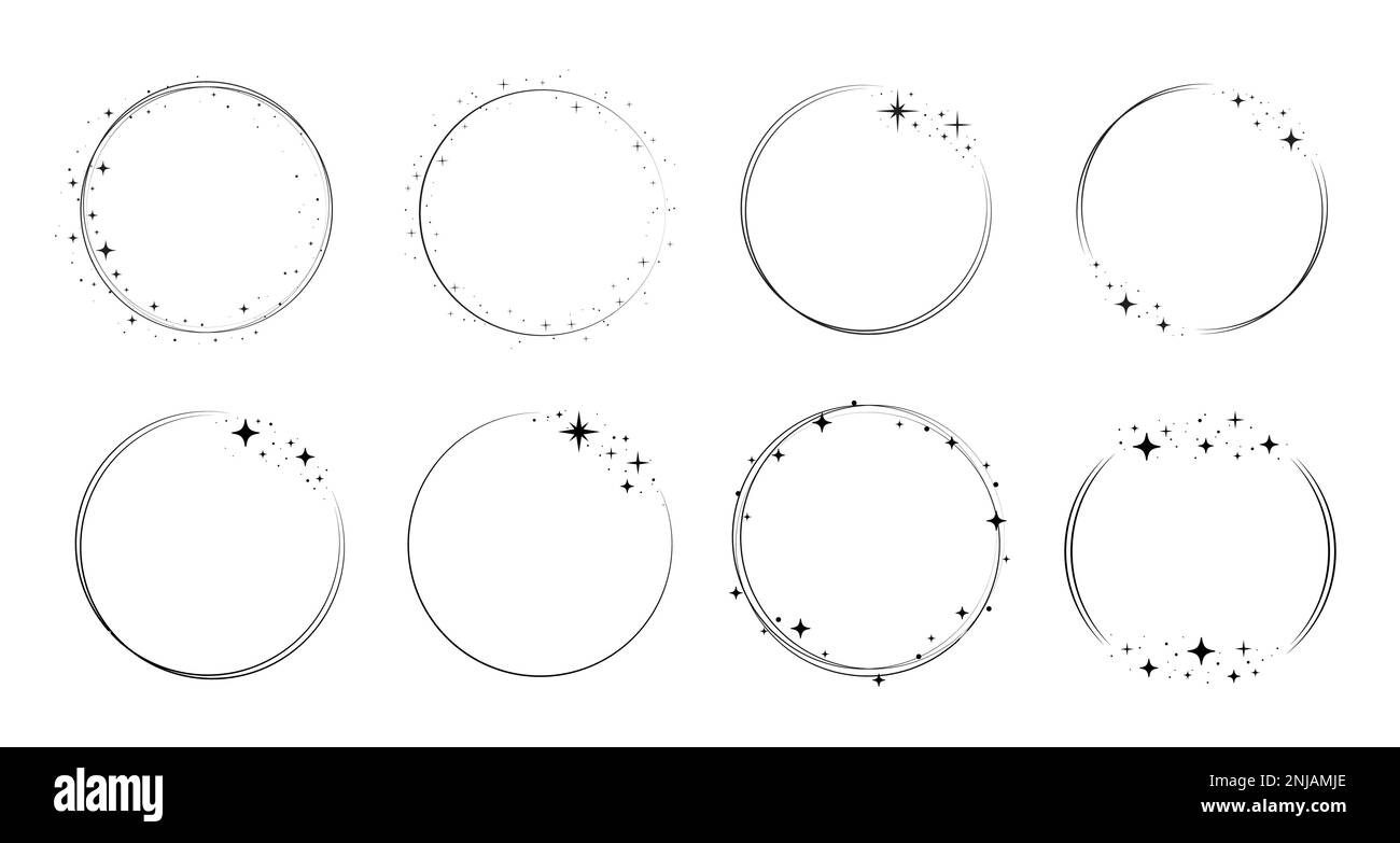 Ensemble de cadres de bordure circulaire en étoile. Cadre en forme de cercle brillant. Couronne ronde bordure stardust pour fête, décoration d'anniversaire. Cadre Laurel brillant cosmique. Illustration vectorielle. Illustration de Vecteur