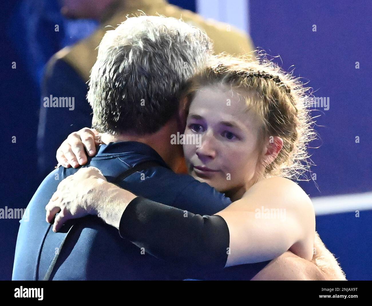 Sarah Ann HILDEBRANDT of Untied States of America reacts after the bronze match of the Women's wrestling 50 kg against Emilia Alina VUC of Rumania at Wrestling World Championships in Belgrade, Serbia on September 14, 2022. HILDEBRANDT won the match.( The Yomiuri Shimbun via AP Images ) Banque D'Images