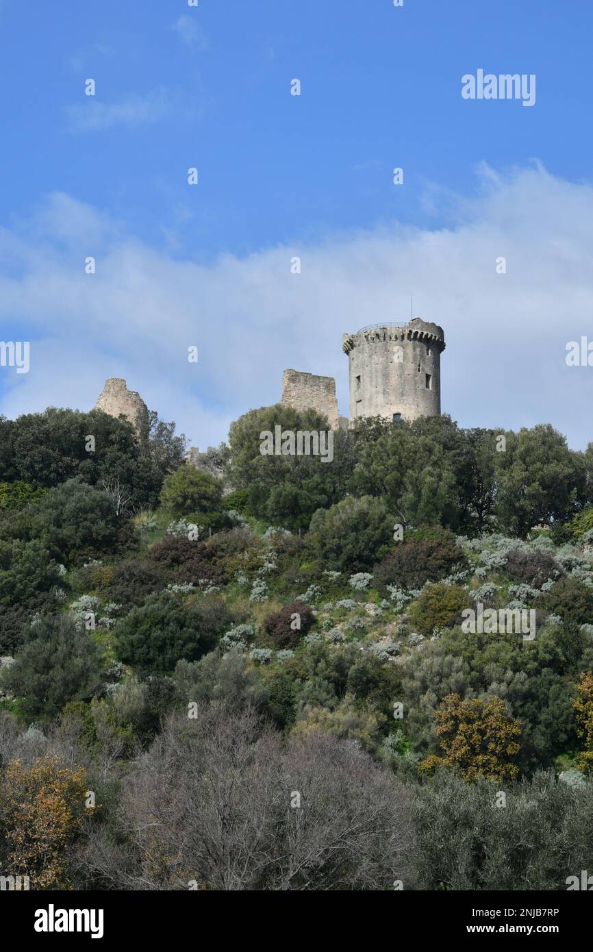 Ancienne tour dans le parc archéologique d'une ville gréco-romaine dans la province de Salerne, dans l'État de Campanie. Banque D'Images