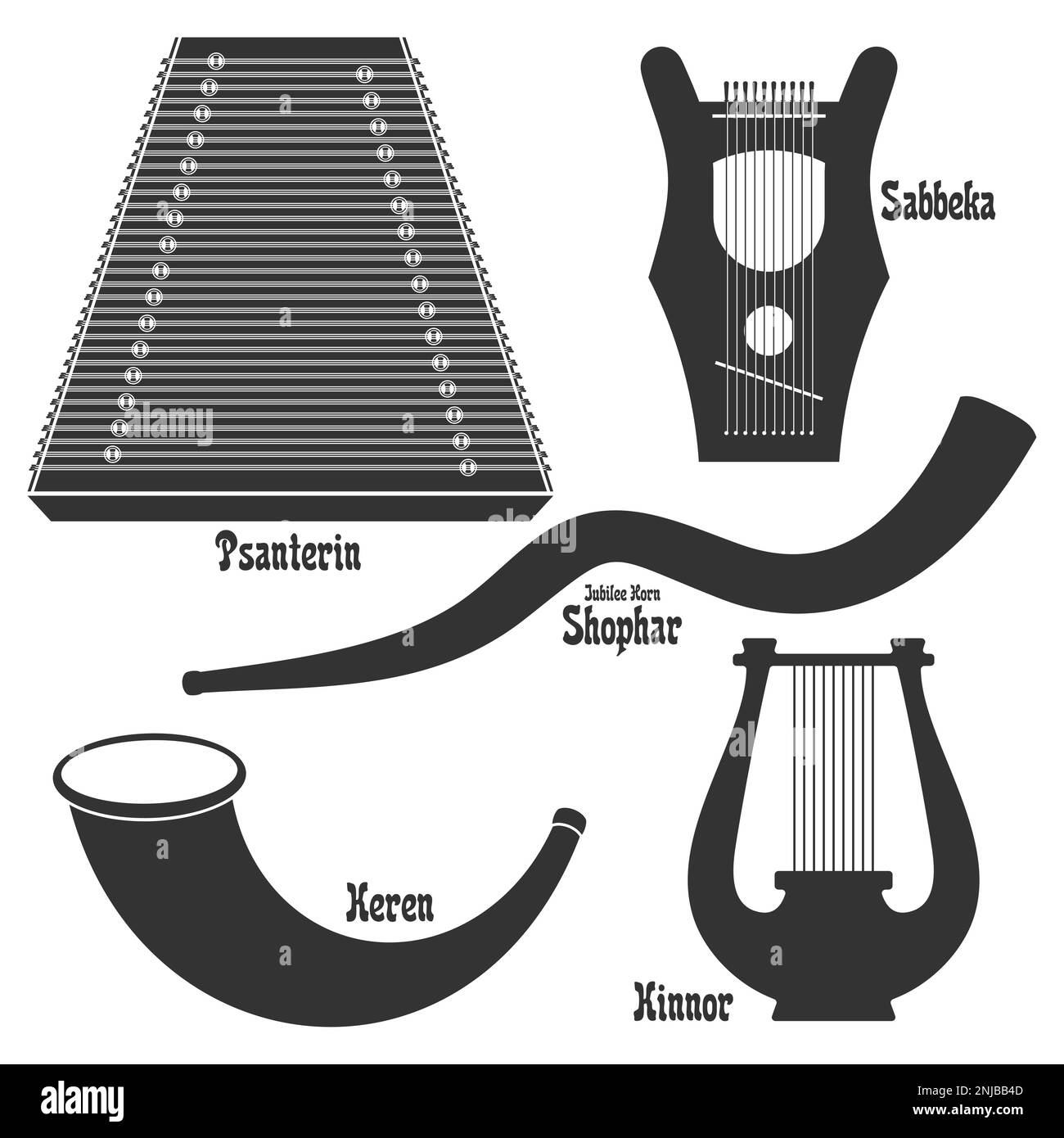 Ensemble vectoriel de silhouettes. Série 'instruments de musique dans la Bible'. Illustration de Vecteur