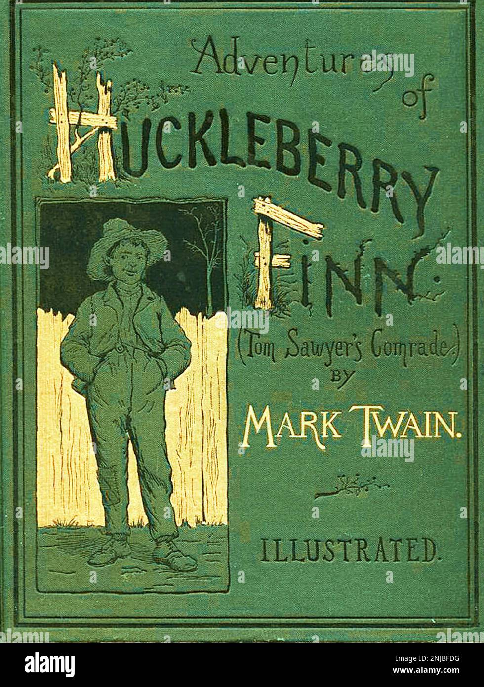 AVENTURES DE HUCKLEBERRY FINN par Mark Twain. Couverture de la couverture originale du livre US 1885 Banque D'Images