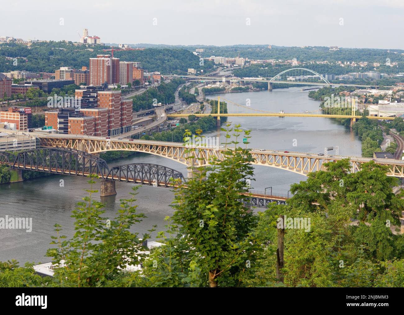 Pittsburgh, « City of Bridges » : d'avant en arrière se trouvent Panhandle, Liberty, South 10th Street et Birmingham ponts au-dessus de la rivière Monongahela. Banque D'Images