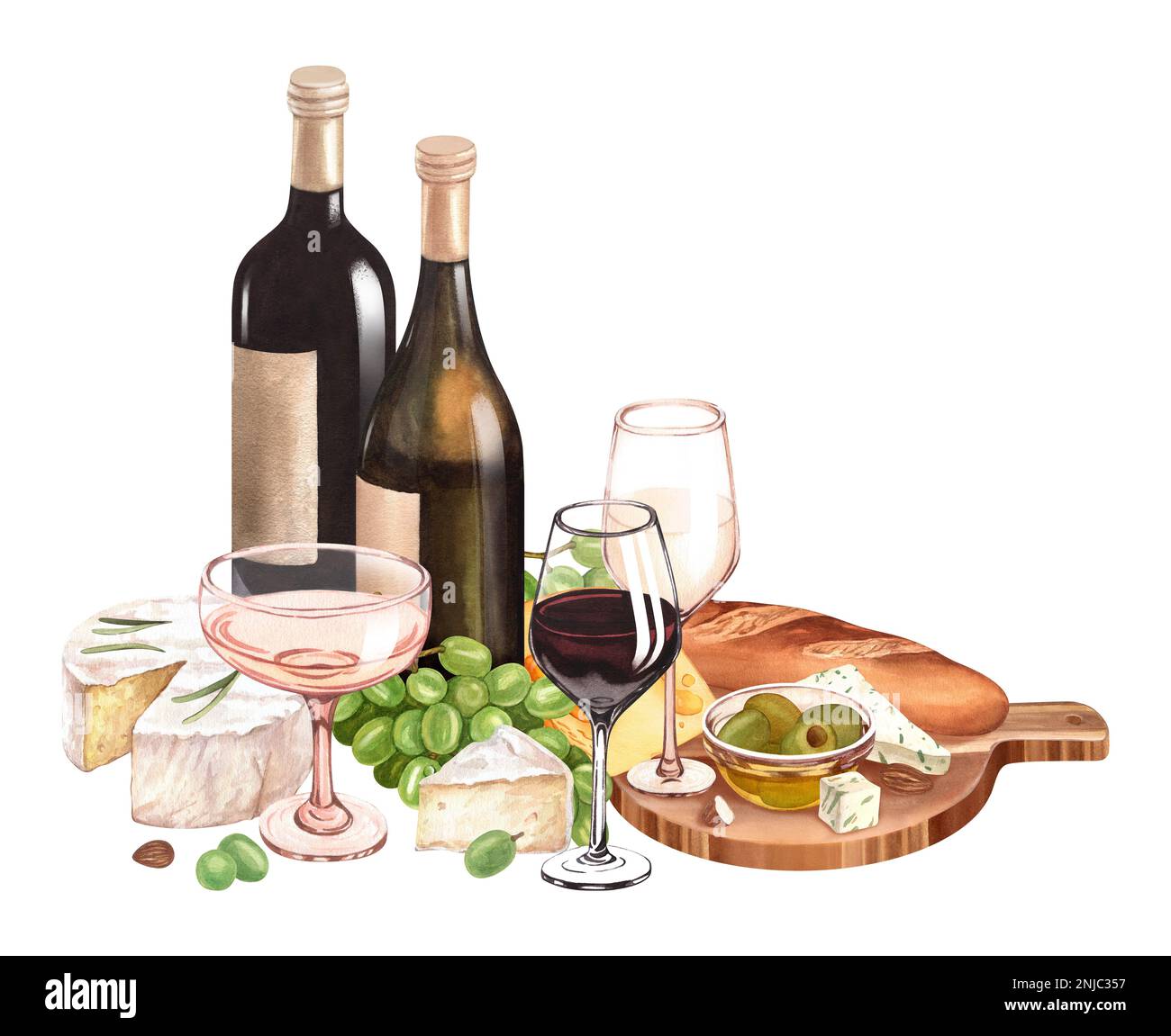 Bouteille de vin rouge aquarelle, raisins verts mûrs frais, fromage sur la planche à découper en bois. Dessinez à la main l'arrière-plan avec des objets de nourriture pour pique-nique. Banque D'Images