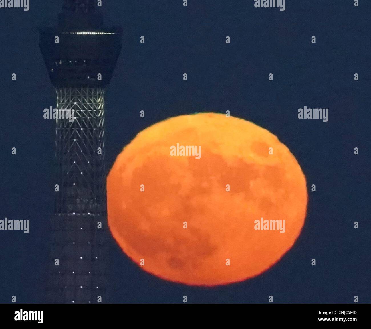 A mid-autumn harvest moon with Tokyo Skytree is seen from Nerima Ward, Tokyo on Sept. 10, 2022. The harvest moon was seen in most areas across Japan and people enjoy tsukimi, a moon-viewing ceremony. ( The Yomiuri Shimbun via AP Images ) Banque D'Images