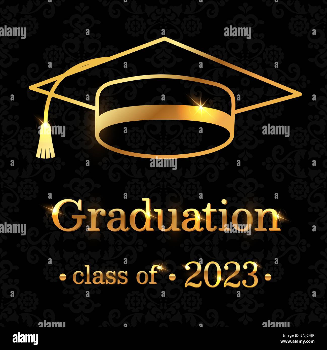 Célébrez le grand jour avec style avec cette élégante carte de remise de diplômes ornée d'un chapeau de graduation doré et d'un texte festif sur un élégant motif gris foncé Illustration de Vecteur
