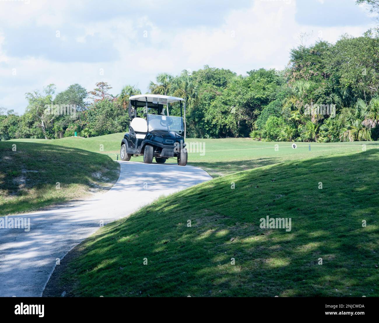Une voiture de golf dans le parcours de golf exotique lors d'une journée d'été au Mexique Banque D'Images