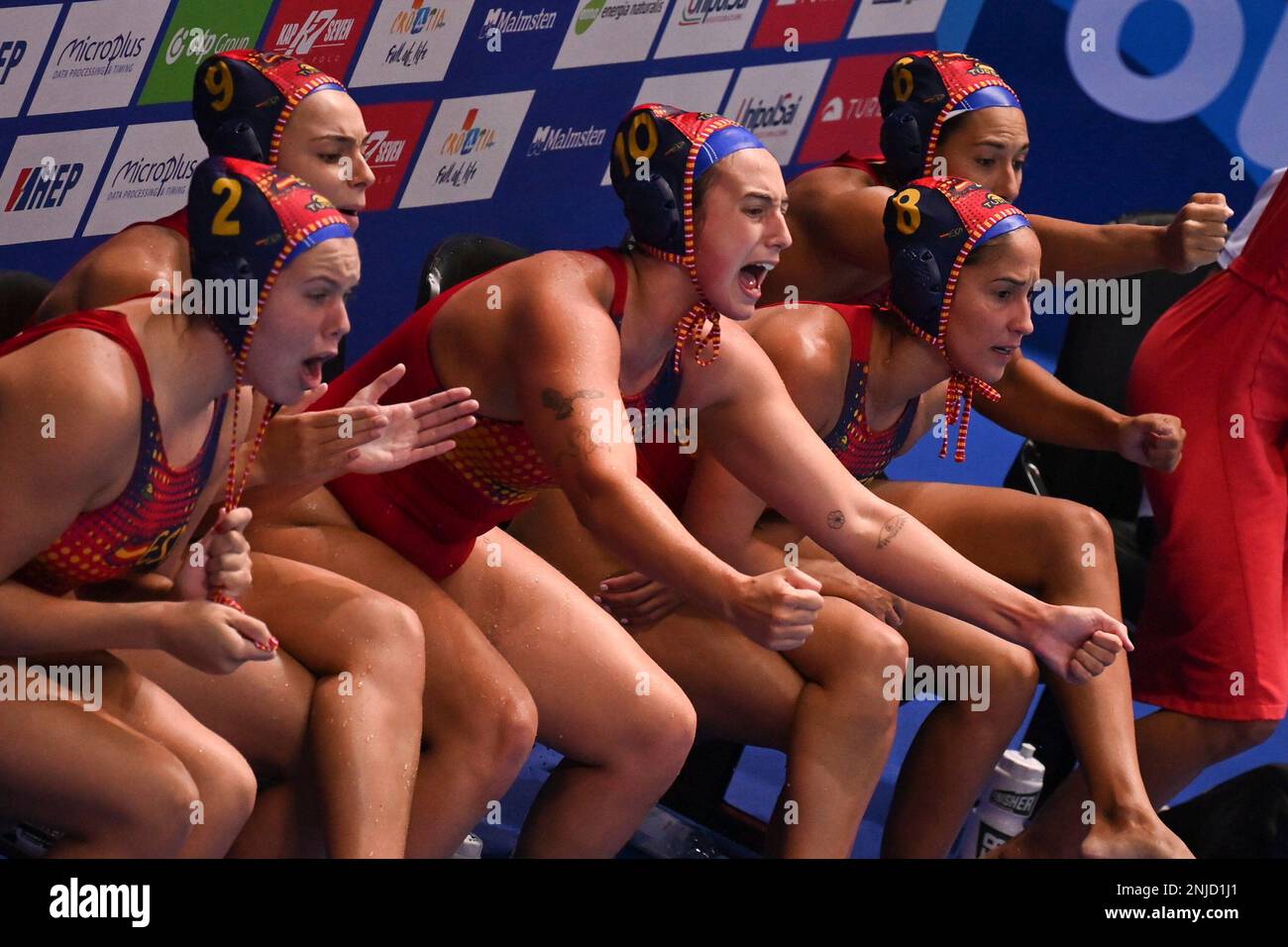 Spanish players react during the women's semifinal match between the  Netherlands and Spain at the 35th LEN European Water Polo Championships in  Split, Croatia, Wednesday, Sept. 7, 2022. (Tibor Illyes/MTI via AP