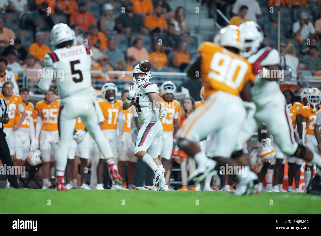 September 1, 2022: John Paddock #5 of the Ball State Cardinals throws the ball to Nick Munson #84 of the Ball State Cardinals during the NCAA football game between the University of Tennessee Volunteers and the Ball State Cardinals at Neyland Stadium in Knoxville TN Tim Gangloff/CSM (Credit Image: © Tim Gangloff/CSM via ZUMA Press Wire) (Cal Sport Media via AP Images) Banque D'Images