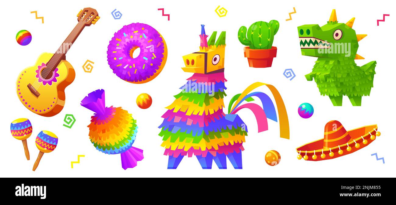 Icônes de pinata, chapeau mexicain, cactus, guitare et maraca. Fête d'anniversaire espagnole ou Cinco de Mayo avec pinata en forme d'âne, donut, bonbons et dinosaure, illustration de dessin animé vectoriel Illustration de Vecteur