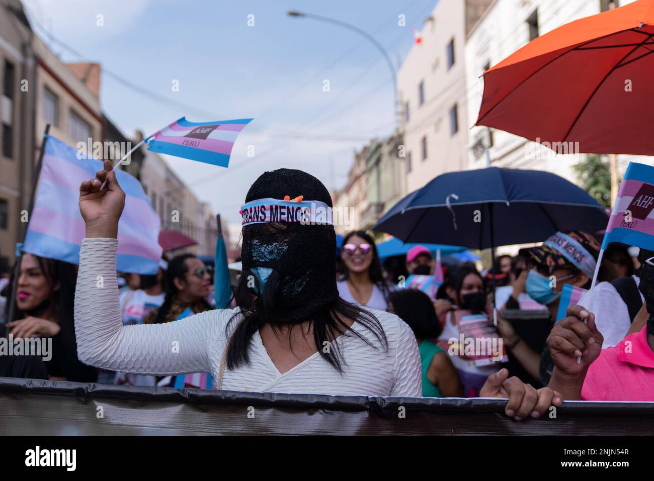 Lima, Pérou. 22nd févr. 2023. Un manifestant masqué détient un indicateur trans pendant la démonstration. Alors que le pays traverse une crise sociale, les attaques transphobes ne cessent pas. À ce jour, au moins sept femmes trans ont été assassinées au Pérou. Les organisations et les collectifs ont appelé à une marche à Lima et dans plusieurs régions afin d'exiger la rapidité des enquêtes et la justice pour les victimes. (Photo de Guillermo Gutierrez Carrascal/SOPA Images/Sipa USA) crédit: SIPA USA/Alay Live News Banque D'Images