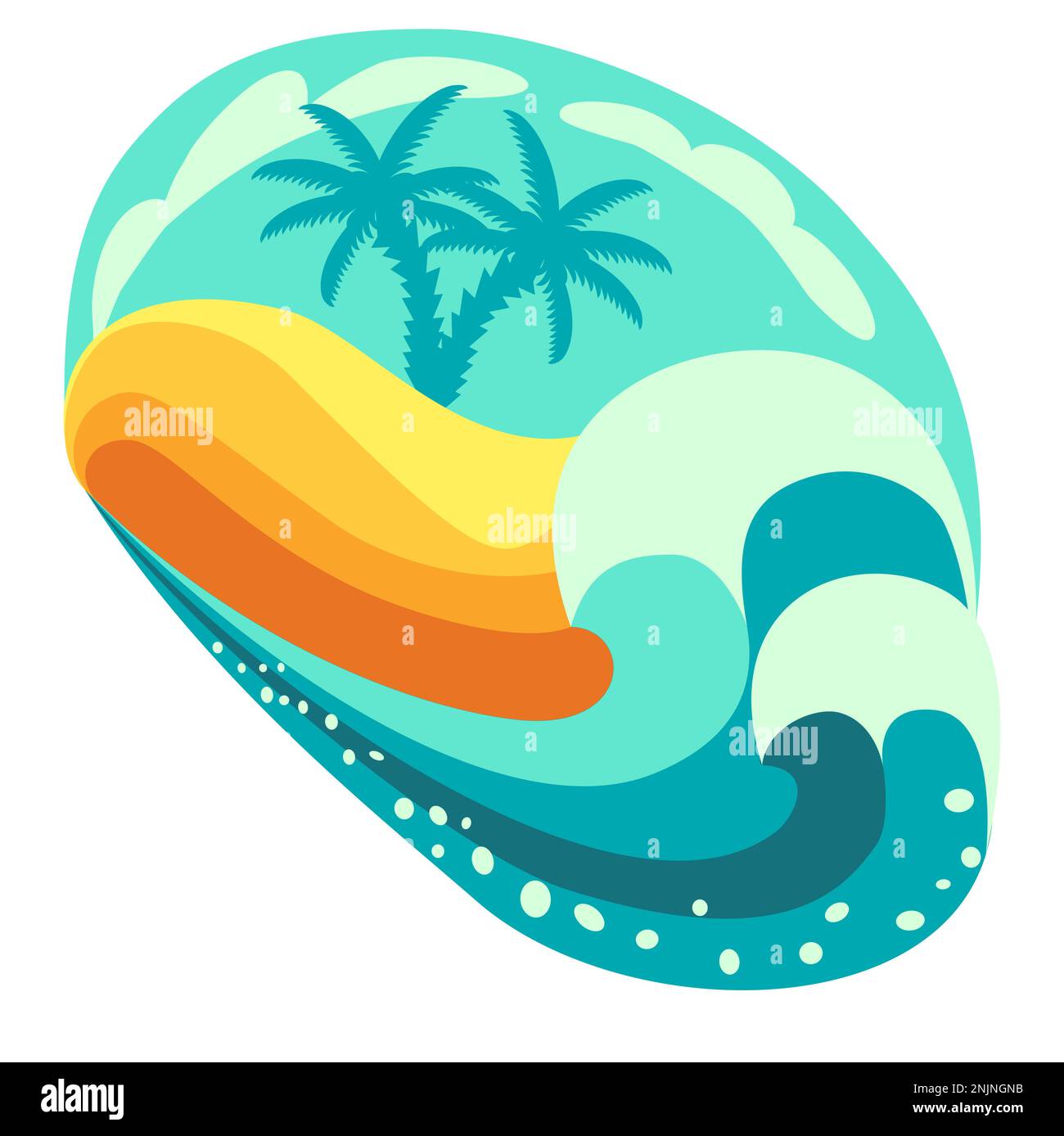 Illustration vectorielle avec île tropicale, palmiers et vagues turquoise en technique plate Illustration de Vecteur