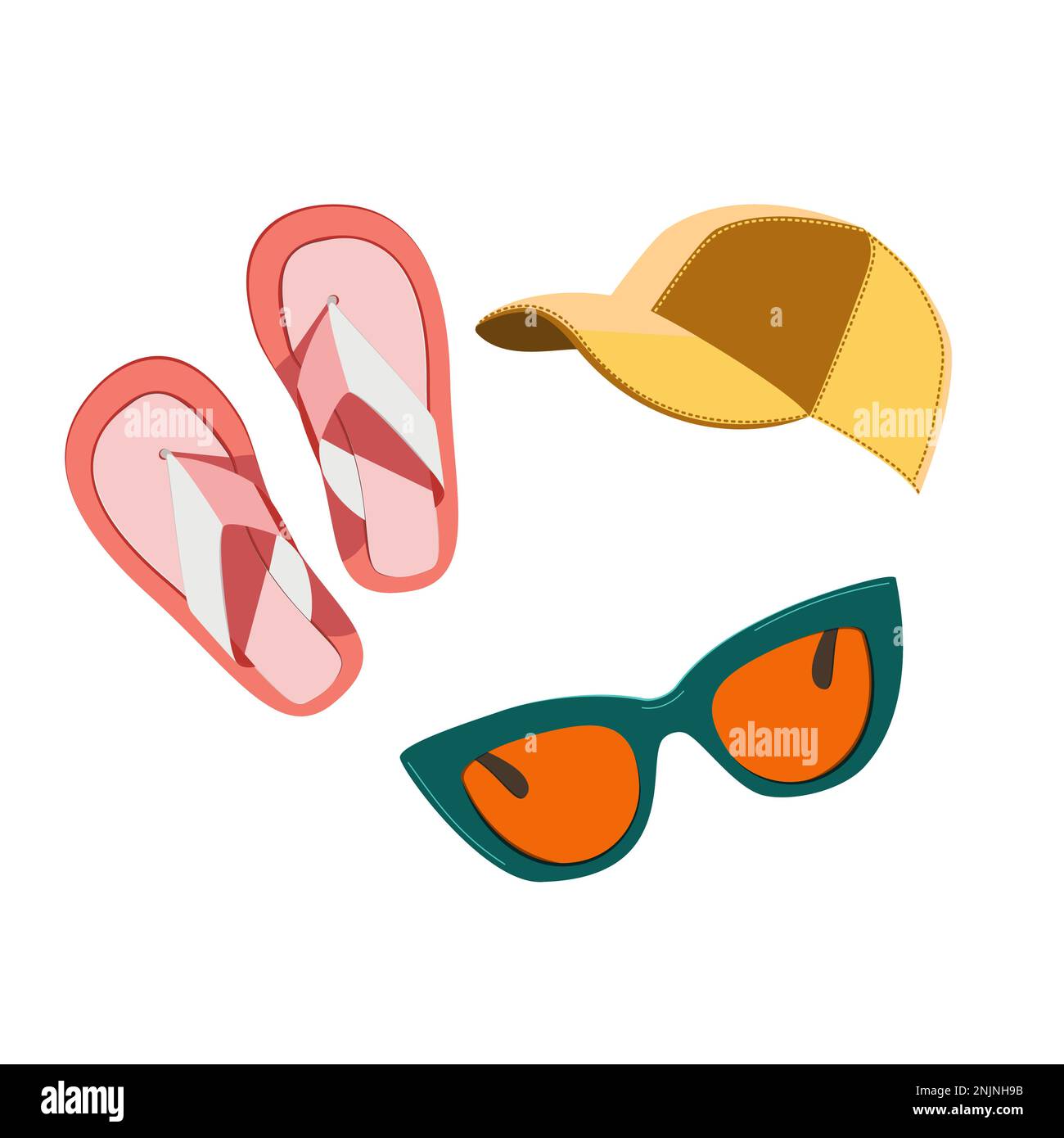 Accessoires d'été chapeau, lunettes de soleil, et sandales en technique plate illustration vectorielle Illustration de Vecteur
