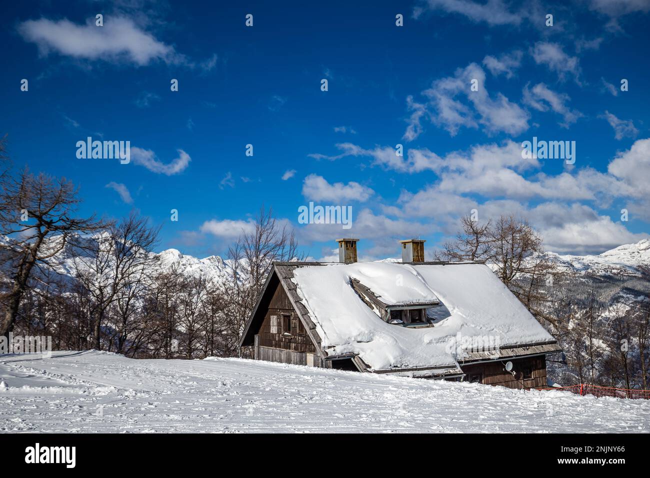 Bohinj, Slovénie - vue d'hiver de la cabane de ski enneigée au sommet de la montagne Vogel dans les Alpes au parc national Triglav lors d'une belle journée d'hiver avec du bleu Banque D'Images