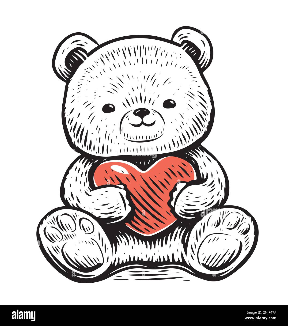 Drôle mignon jouet ours en peluche avec coeur rouge dans les pattes. Illustration vectorielle de dessin animé Illustration de Vecteur