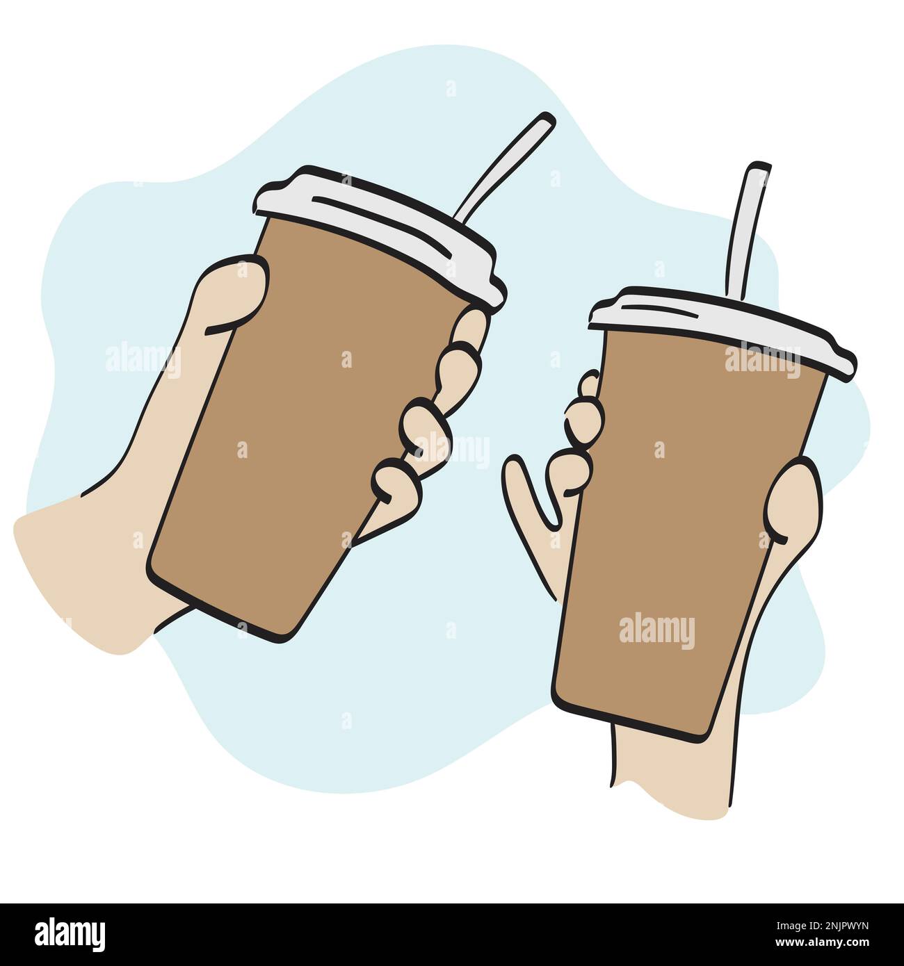 gros plan deux mains tenant le café glacé illustration vecteur main dessiné isolé sur fond blanc dessin de ligne art. Illustration de Vecteur