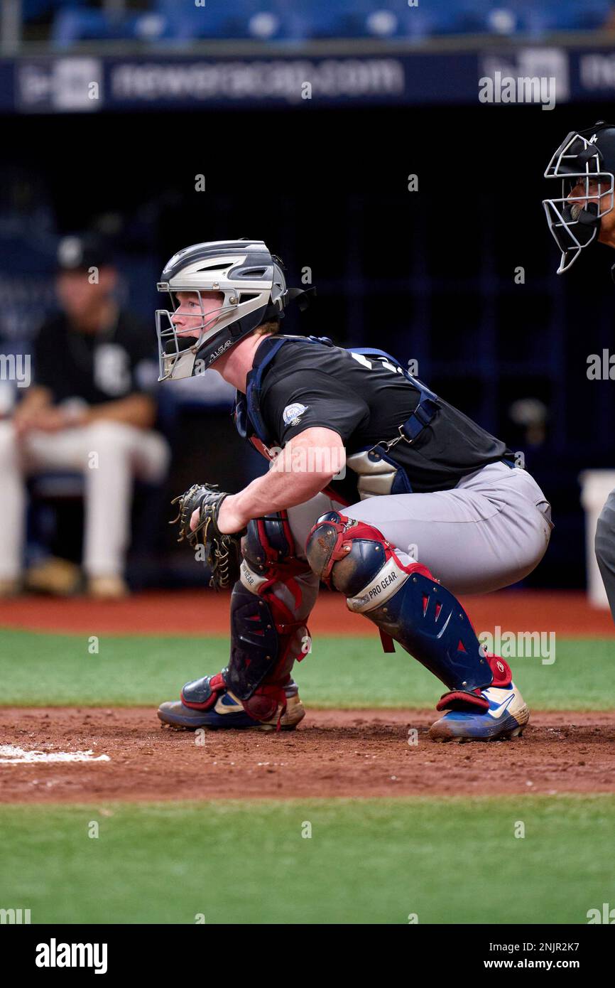 Jared Jones (30) of Walton High School in Marietta, Georgia during the Perfect Game National Showcase on July 15, 2021 at Tropicana Field in St. Petersburg, Florida. (Mike Janes/Four Seam Images via AP) Banque D'Images